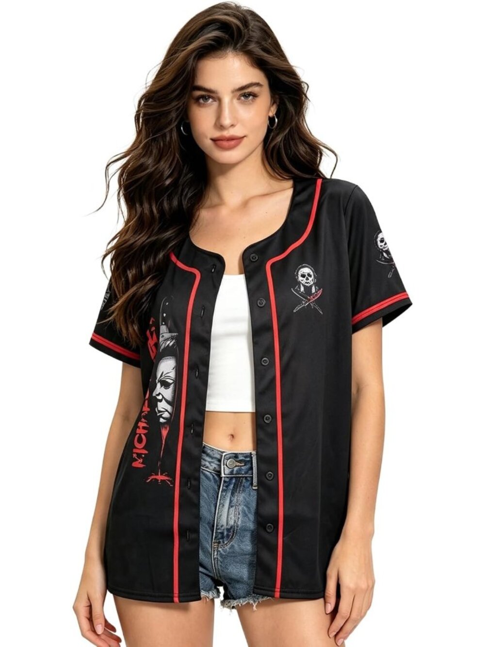 Funny Halloween Bloody Baseball Jersey - Graphic Button Down Shirt for Women